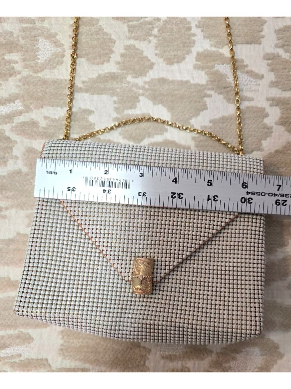 Whiting & Davis White Mesh Evening Bag Gold-Tone Chain Strap Unique Closure - Picture 10 of 11